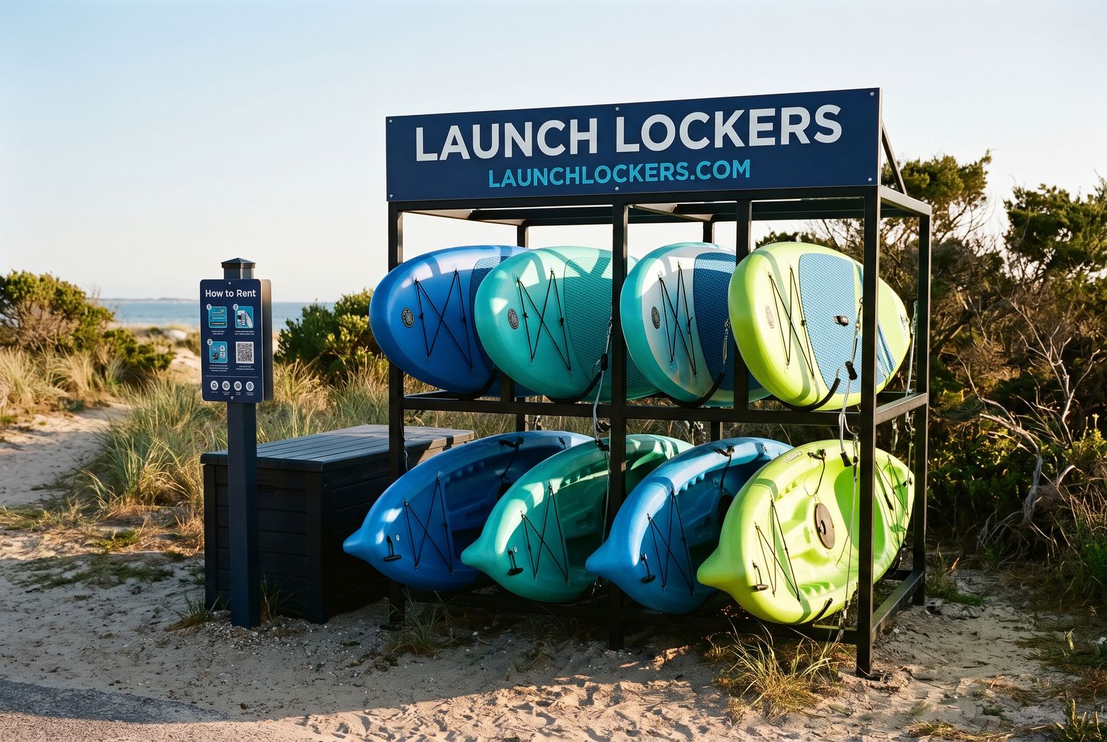 Rendering of a Launch Lockers self-serve rack holding paddleboards and kayaks at a sandy beach path.