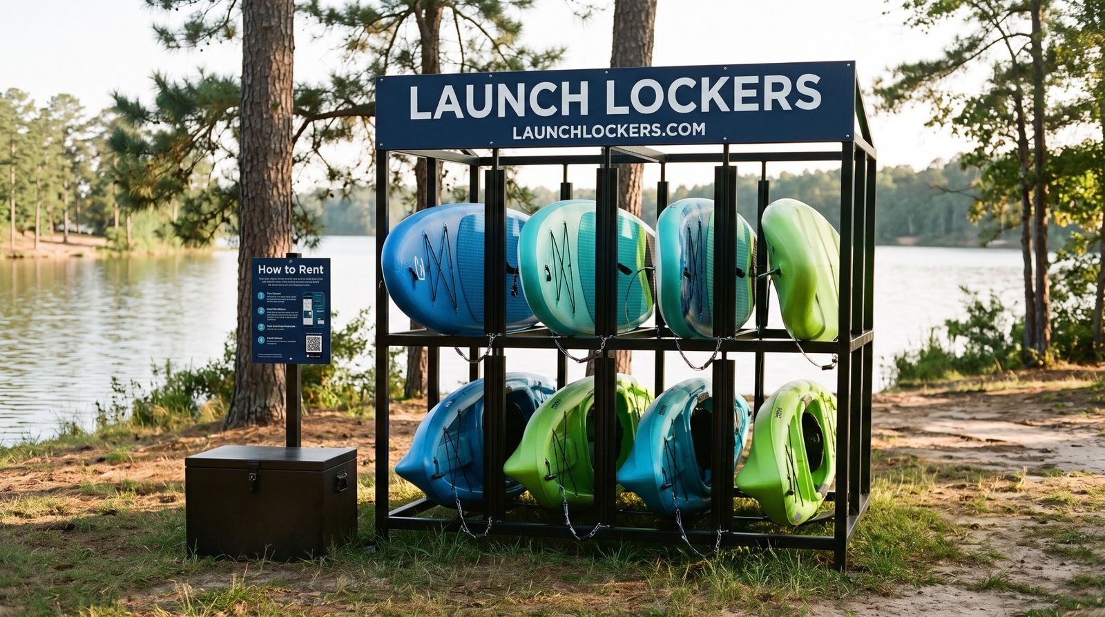 Rendering of a Launch Lockers self-serve rack holding paddleboards and kayaks at a lakeside park under pine trees.