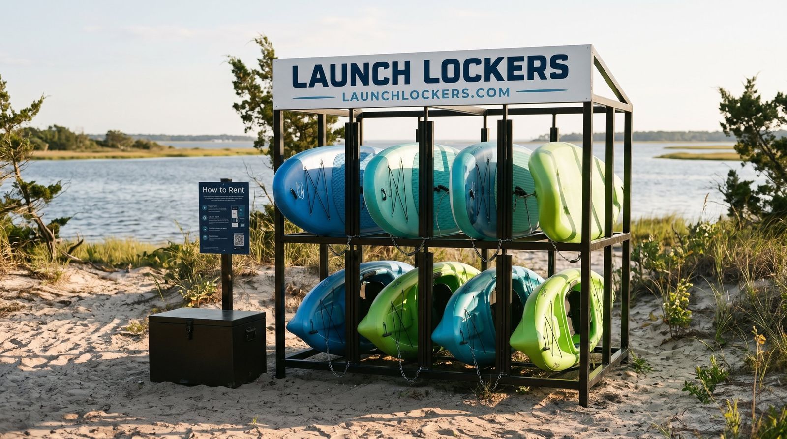 Rendering of a Launch Lockers self-serve rack holding paddleboards and kayaks at a sandy bank above a calm coastal inlet.